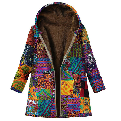 

Toponeto Women Winter Vintage Warm Printed Pockets Thicker Zipper Hooded Coat Outwear