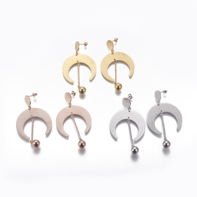 

304 Stainless Steel Steel Dangle Stud Earrings Moon Mixed Color 66mm Pin 07mm
