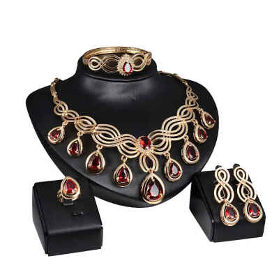 

Geometric Red Gemstones Pendants Chains Crossing Ornaments Women Luxury Alloy Jewelry Set