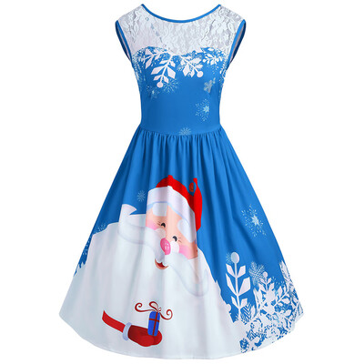 

Christmas Lace Insert Santa Claus Print Party Dress