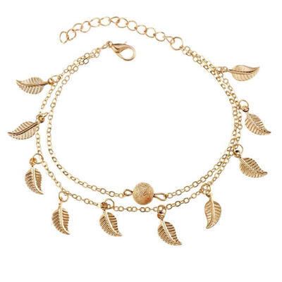 

Double Layer Leaves Charm Anklet Foot Chain Summer Women Sandal Ankle Bracelet