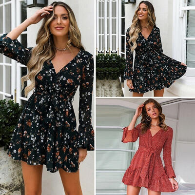 

Women Boho Ruffle Floral Long Sleeve V-Neck Lady Party Evening Cocktail Dress