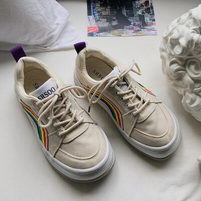 

2019 new summer Korean version of 100 canvas shoes female low-heeled thick-soled original flat-bottomed rainbow muffin shoes