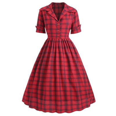 

Plus Size Checked Shirt Collar Vintage Dress