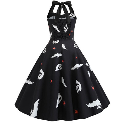 

X3327 cross-border Halloween new retro womens sexy hanging neck wrapped chest elastic waist print Slim big swing skirt black
