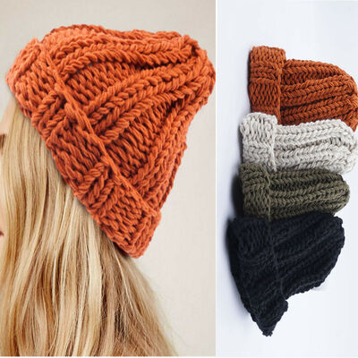 

Women Ladies Thick Braided Crochet Wool Knit Ski Ball Cap Baggy Winter Warm Hat