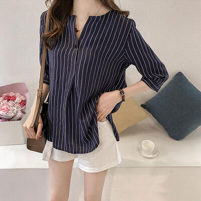 

Women Ladies V-Neck Buttons Casual Blouse Half Sleeve Striped Shirt Tops Plus