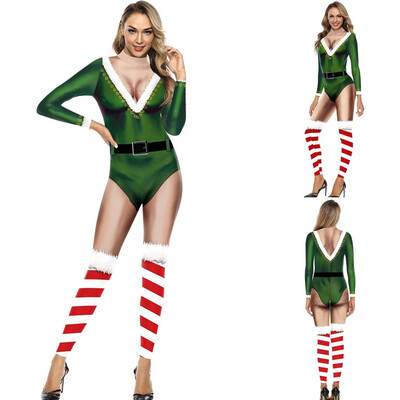 

Tailored Womens Fashion Christmas Print Long Sleeve Slim Costumes Zipper Jumpsuit