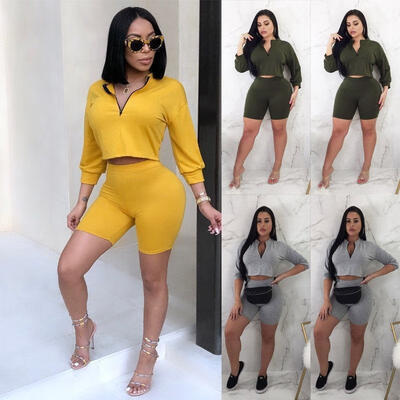 

Women Fashion Outfits Ladies Girls Long Sleeve Tops Crop Tops Tight Pants -XL