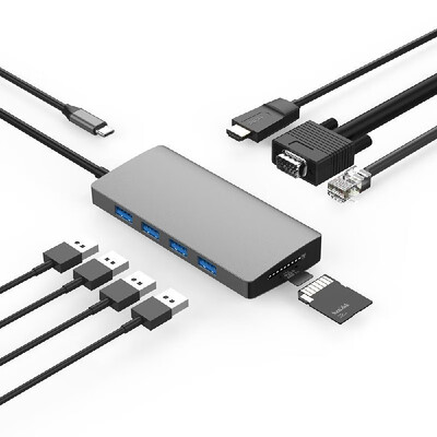 

10 in 1 Miltifunctional Docking Station USB C to USB30 4K HD 1080P VGA 1Gbps Ethernet Network 60W PD SDMicro SD Card Reader Hub