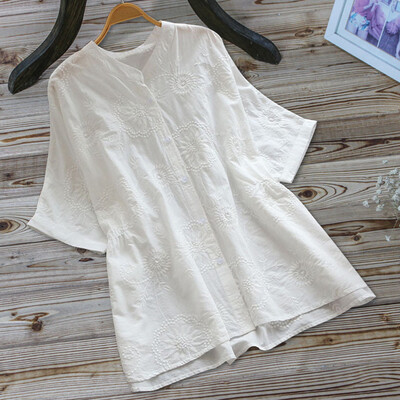 

Starmoon Women Vintage Embroidery Casual Short Sleeve Button Linen Top T-Shirt Blouse