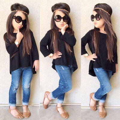 

Kids Baby Girl Children Black Top T Shirt Jeans Demin Pants Outfit Set Clothes 1-6Y