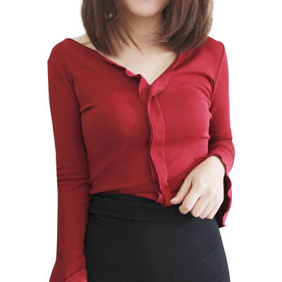 

Women T-Shirt Solid Color V-Neck Ruffled Sleeve Slim Fit Autumn Retro Tops