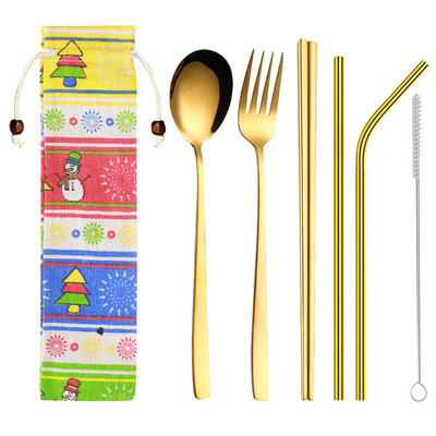 

Toponeto Stainless Steel Dinnerware Set Metal Straw Spoon Fork Chopsticks Tableware 6 Pcs
