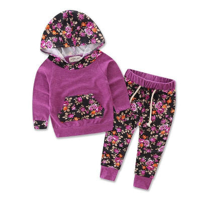 

2016 Autumn Toddler Kids Baby Boys Girls Clothes Floral Hooded Tops Jacket Pants Outfits 2PCS Set