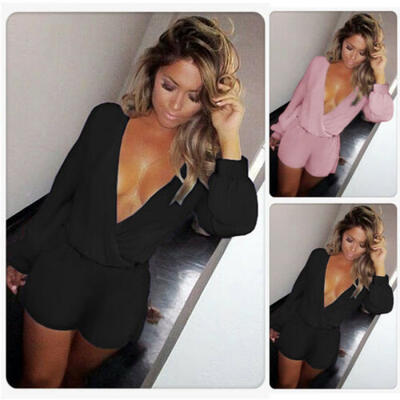 

Womens Deep V Neck Bodysuit Long Sleeve Romper Lingerie Jumpsuit Leotard Tops