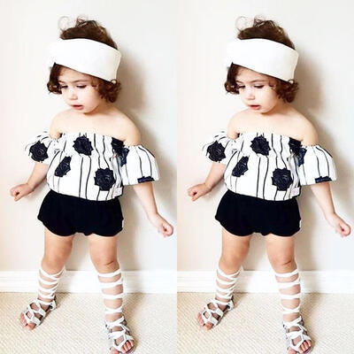 

Striped Infant Newborn Baby Girls Flower Off Shoulder Summer Clothes Tops Pants Shorts Outfits