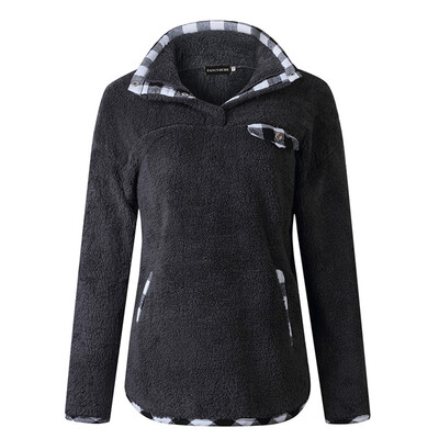 

Women Fashion Plaid Stitching Warm Hoodie Casual Loose Pocket Button Woolen Coat Sweater