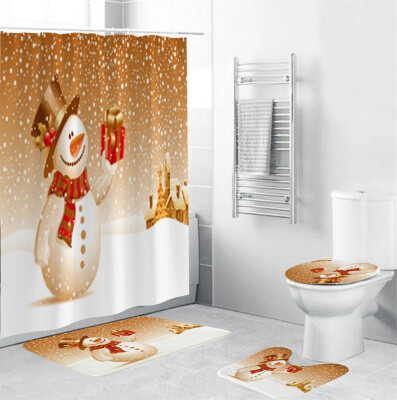 

Gobestart 4Pcs Christmas shower Curtain Bathroom Anti-slip Carpet Rug Toilet Cover Mat Set