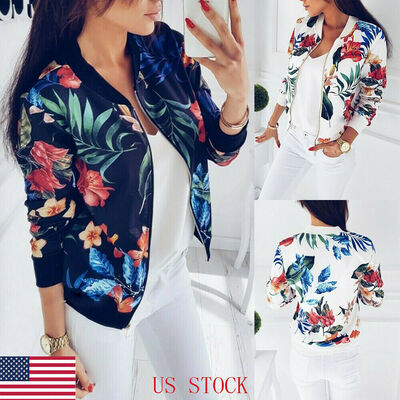 

Fashion Womens Ladies Floral Printing Zipper Sports Jacket Casual Coat Outwear