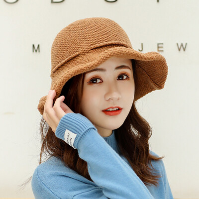 

2019 autumn&winter new Korean version of knitted wool hat wool solid color lady turned along wearing a rope bow warm basin hat