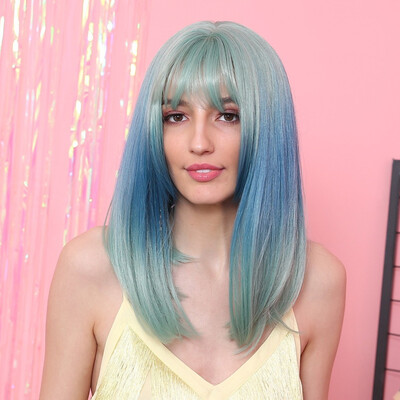 

〖Follure〗Ladies Fashion Mint Green Gradient Blue Medium Long Straight Hair Wig