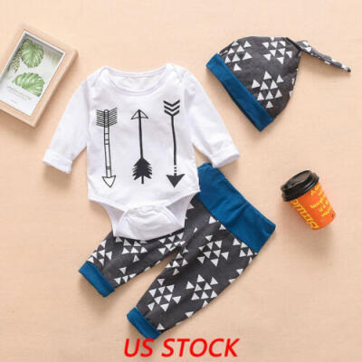 

USA Newborn Baby Boy Arrow Tops Romper Long Pants Hat Outfits Clothes 3Pcs Set