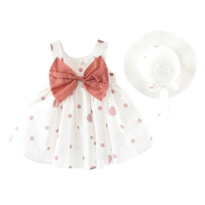 

2Pcs Baby Girls Dress Sets Kids Polka Dot Pattern Bow Dresses Casual Sleeveless Tutu Sundress with Beach Hat