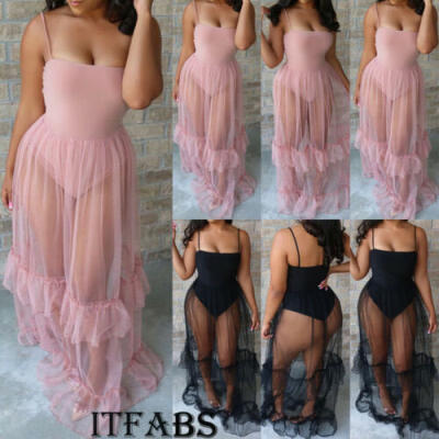 

Womens Bodycon Mesh Long Maxi Dress Jumpsuit Summer Beach Party Club Sundress