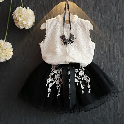 

2Pcs Set Toddler Kids Girl White Lace Tops Shirt Tulle Skirt Outfits Dress NEW