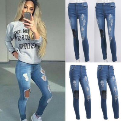 

Womens Denim Skinny Ripped Pants High Waist Stretch Jeans Slim Pencil Trousers