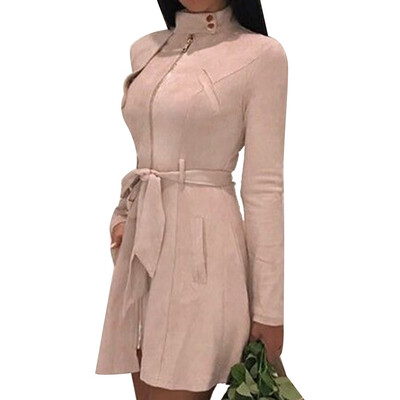 

2019 Autumn Winter Women Fashion Casual Suede Standing collar Long sleeve Zipper Slim fit Windbreaker Coat