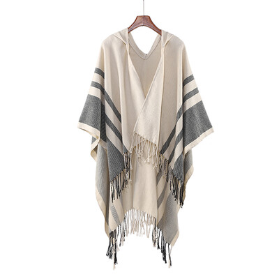 

New Korean version of black striped hooded cloak winter womens fashion warmth imitation cashmere split shawl super mostly used
