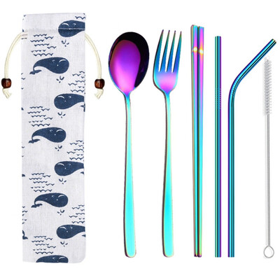 

Portable Travel Dinneware Set Stainless Steel Spoon Straws Chopsticks Fork Set With Linen Bag Kitchen Tableware