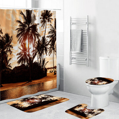 

Gobestart 4PCS Non Slip Toilet Polyester Cover Mat Set Bathroom Shower Curtain