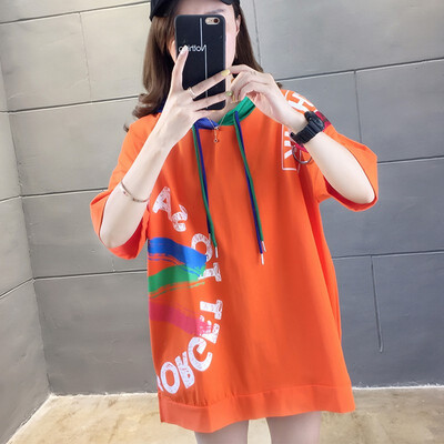 

Pre-Harajuku Letter Printed Long T Shirts For Women Summer Short Sleeve Hooded Tee Shirts Women Tops Hip Hop Style