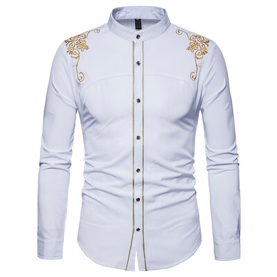 

men casual shirts long sleeve high quality hawaiian white slim fit shirt male flower mmbroidery overshirt camisa homme