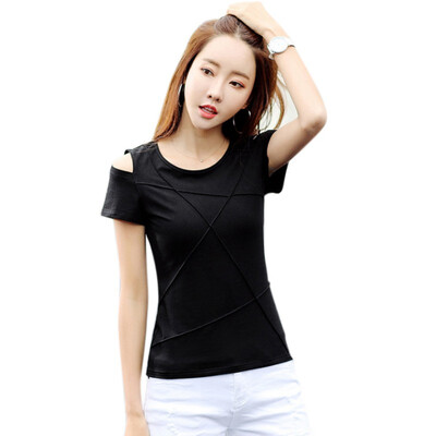 

Off Shoulder Women O-Neck T-shirts Short Sleeved Hollow Out T-shirt Solid Female Cotton Tees Tops Female -2L