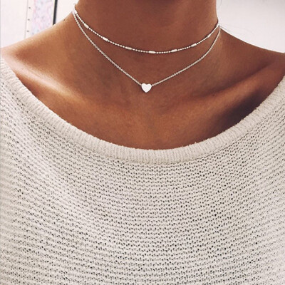 

New Silver Gold Color Jewelry Love Heart Necklaces & Pendants Double Chain Choker Necklace Collar Women Statement Jewelry Bijoux
