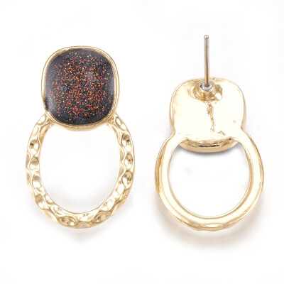 

Alloy Enamel Stud Earrings with Glitter Powder Ring Light Gold DarkRed 25x15mm Pin 07mm