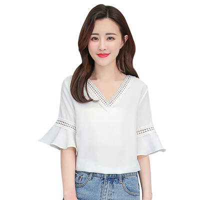 

Womens Fresh Style V-Neck Short Butterfly Sleeve Ruffles Hollow Out Chiffon Blouse