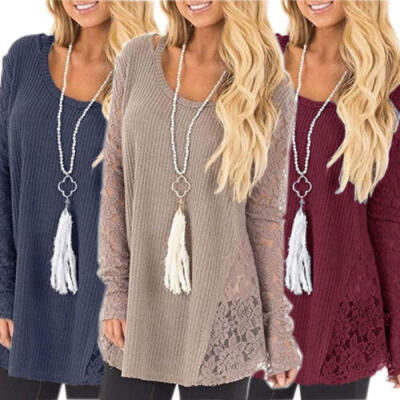 

Womens Fashion Long Sleeve Sweater O-Neck Lace Patchwork Casual Loose Sweater