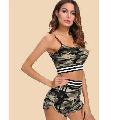 

Ebay AliExpress 2018 new womens striped tape camouflage vest shorts two-piece suit female summer suit ArmyGreen