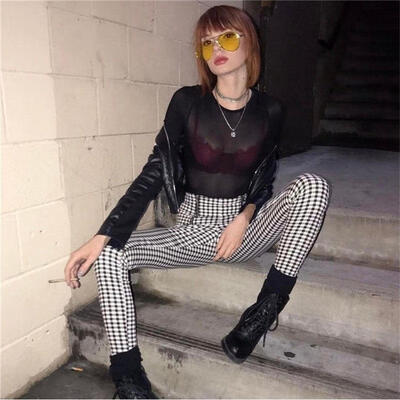 

Fashion Women High Waist Black White Zip-up Plaid Sexy Long Pants Sweatpants