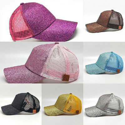 

New Woman Girls Cap Sequined Fishnet Splice Baseball Sport Casual Hip-Pop Streetwear Flat Hat