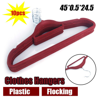 

10pcs 4505245 Plastic Flocking Clothes Hangers with Rail Wine Red