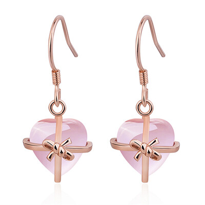 

Fashion Natural Heart Pink Rose Quartz Drop Earrings