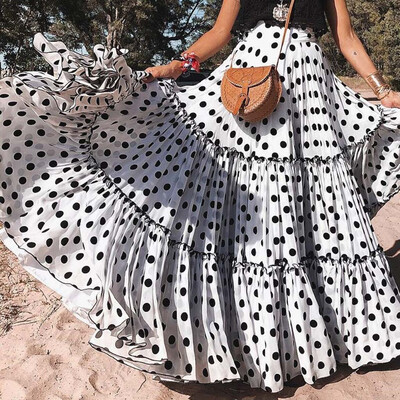 

Roseonmyhand Women Fashion High Waist Polka Dot Printed Skirt Loose Ruffled Pleated Skirt