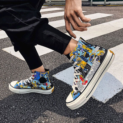 

Autumn high canvas shoes mens flat shoes deodorant breathable student society wild personality graffiti tide shoes mens shoes