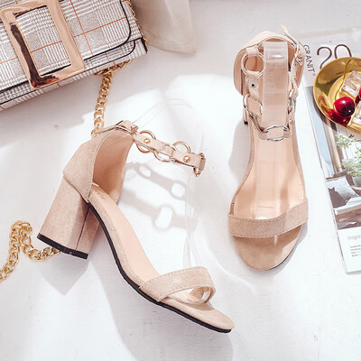 

Sandals women summer Korean version of a word buckle high heels students small fresh coarse heel single shoe woman